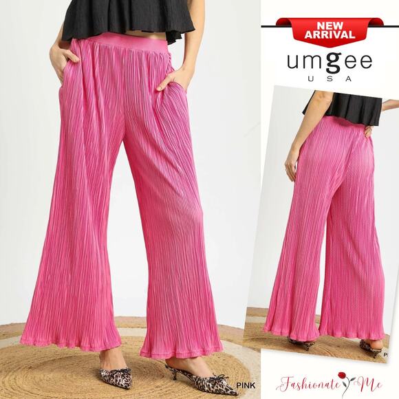 Umgee Textured Side Pockets Pleated Design Casual Wide Leg Palazzo Pants | Pink - Picture 1 of 5